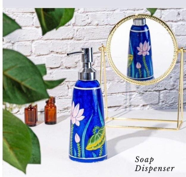Handcrafted Blue Pottery Soap Dispenser with Floral Design