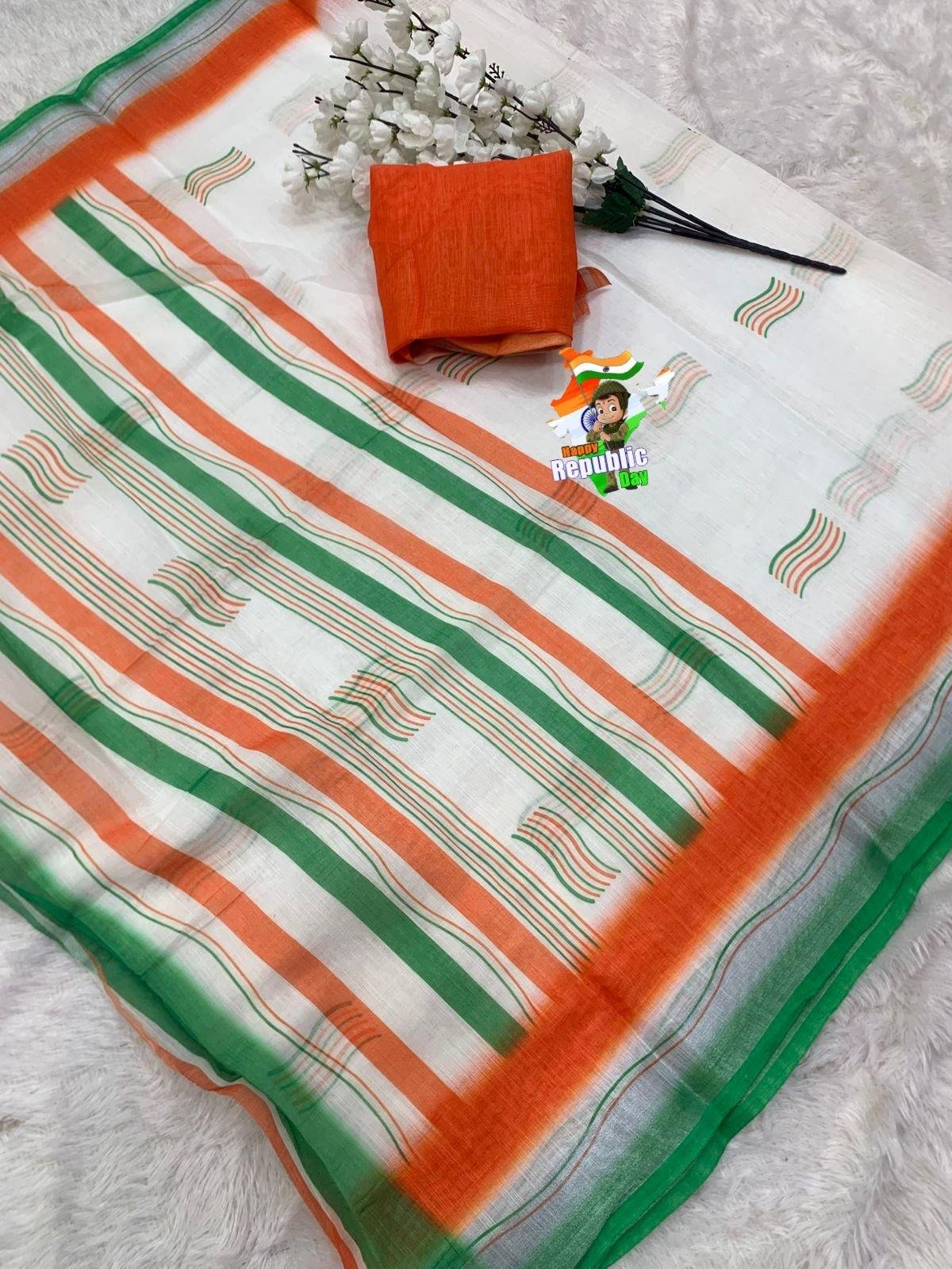 Republic Day Special Tiranga Saree | Linen silver Patta Saree | Tricolour saree