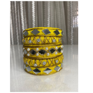 Yellow Handmade Thread Bangle Set with Mirror, Pearl And Stone Work , Traditional Silk Thread Bangles for Women Girls (pack of 5)