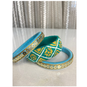 Handcrafted Turquoise Silk Thread Bangles Set , Designer Embroidered And Sequin Work Bangles , Traditional Ethnic Bangles for Women (pack of 3)