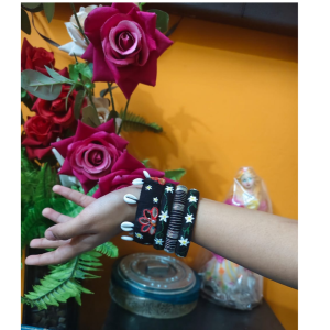 Handcrafted Black Silk Thread Bangles with Floral Embroidery And Cowrie Shell Design , Traditional Ethnic Bangles for Women And Girls (pack of 4)