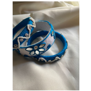 Handcrafted Royal Blue And White Silk Thread Bangles Set , Designer Ethnic Bangles for Women , Festive And Wedding Wear (pack of 3)