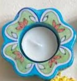 Handmade Blue Pottery Floral Tealight Candle Stand (pack of 6) - Image 2