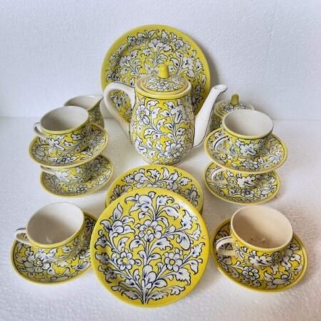 Beautiful Blue Pottery Tea-Set | Tea Cup And Saucer Set With Kettel And Serving Tray