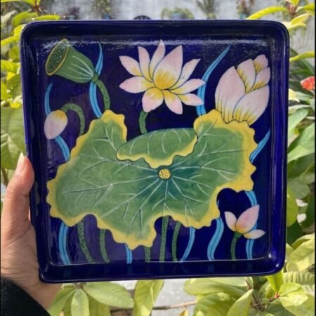 Handmade Jaipur Blue Pottery Hand-Painted Lotus Tray ( size 10")