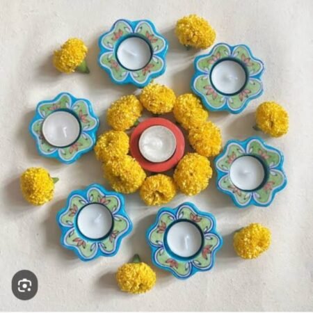 Handmade Blue Pottery Floral Tealight Candle Stand (pack of 6)