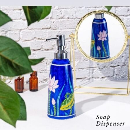 Handcrafted Blue Pottery Soap Dispenser with Floral Design