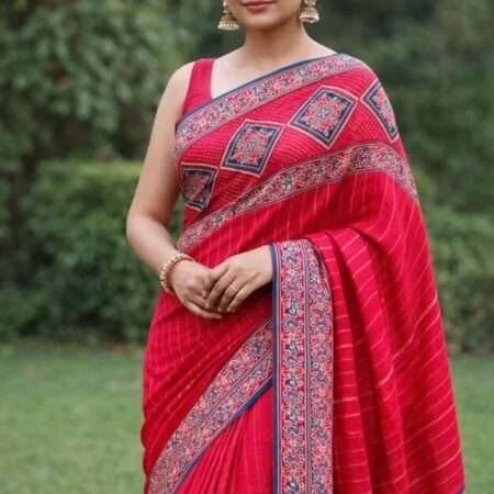 Traditional Red And Blue Soft Chiffon Geometric Handloom Saree